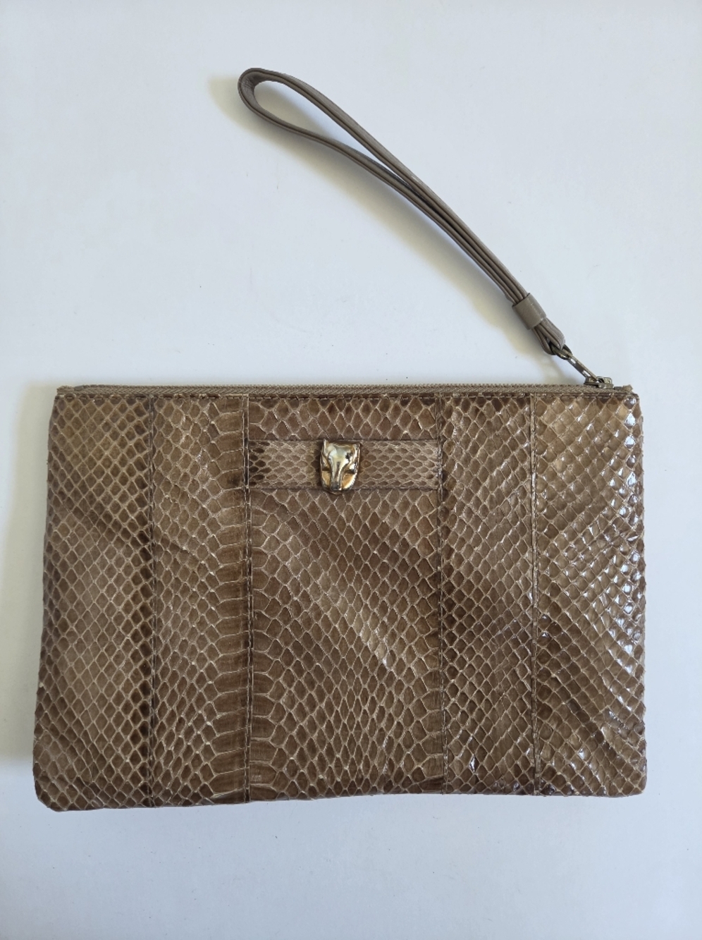 VTG Ruth Saltz light brown neutral snake skin clutch wristlet cougar accent